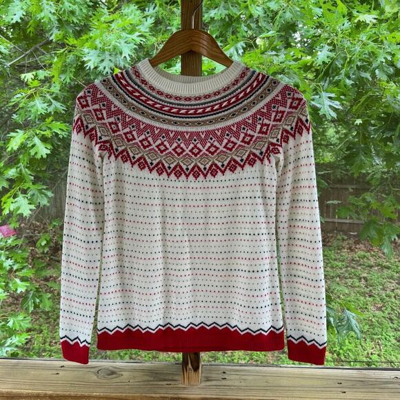 Talbots Petite Women's White And Red Fair Isle Pullover Sweater Size P. NEW - Picture 1 of 7